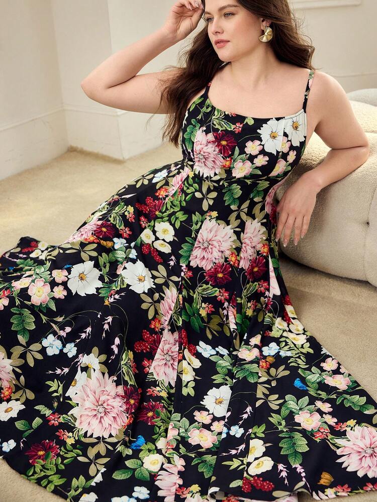 PLUS SIZE ELEGANT FLORAL PRINT RUFFLE DRESS