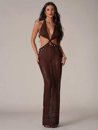 SHEIN BAE Đầm nữ phong cách Âu Mỹ cao cấp, màu trơn, mang hơi hướng nghỉ dưỡng, cổ khoét sâu, eo thắt.