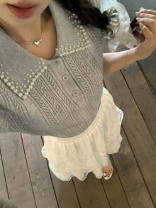 DAZY Women's Pearl Splice Short Sleeve Grey Knit Top - Grey - View 6