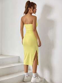 SHEIN EZwear 夏季开衩黑色紧身连衣裙 女装 女士夏季连衣裙 无肩带连衣裙 抹胸连衣裙 紧身夏季连衣裙 - 鵝黃色 - 查看 2