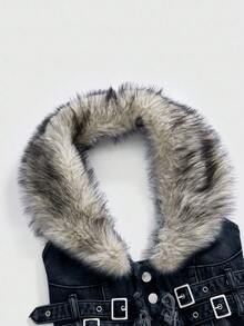 ROMWE Hippie Y2K Detachable Faux Fur Collar Denim Jacket For Women - Dark Wash - View 3