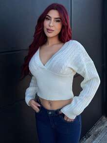 Bearsaez 女式深 V 领麻花针织拼布毛衣，宽松上衣和紧身下装，米色，秋冬 - 米色 - 查看 7