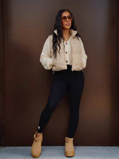 SAYEHFBABY 女士纯色前拉链短款休闲加垫背心，冬季