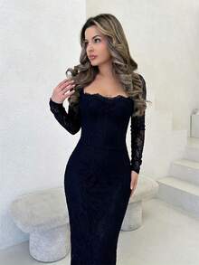 Jemour Vestido Maxi Negro Ajustado con Cuello Cuadrado, Mangas Largas, Encaje, Copas de Pecho con Ballenas en Forma de S, Sexy para Fiesta de Verano, Cita Nocturna, Invitada de Boda, Vestido Elegante para Mujer, Vestido de Año Nuevo, Vestido de Fiesta Elegante, para Mujeres Petite - Azul Marino - Ver 5