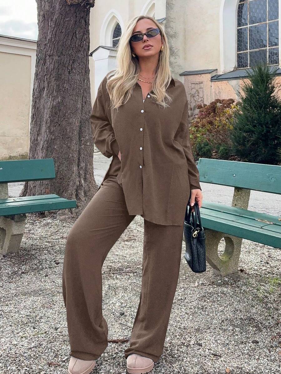 Jeta Ari 休闲纯色长袖衬衫和裤子套装 - 棕色 - 查看 1