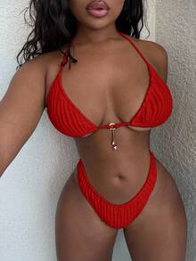 Alexandranx Women's Solid Color Swimsuit Set For Vacation & Beach For Summer - Red - View 4