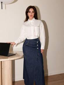 Bris Aura 女式牛仔中长直筒裙、秋季女式裙子、女式街头服饰、女式牛仔裙、不对称裙子、秋季女装、冬季裙子、商务休闲女装、冬季女装 - 深色水洗藍 - 查看 1