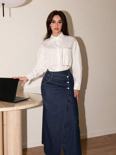 Bris Aura 女式牛仔中长直筒裙、秋季女式裙子、女式街头服饰、女式牛仔裙、不对称裙子、秋季女装、冬季裙子、商务休闲女装、冬季女装