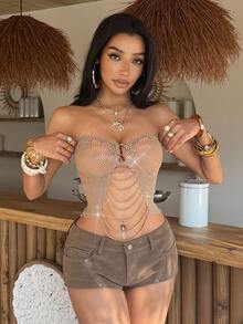 EgrlEra Women's Sexy Hollow Sheer Blouse, Rhinestone Sparkling Material, Suitable For Music Festival, Carnival Party Tube Tops Y2k Sexy Birthday Outfit Gold Sequin Top Sexy Club Outfit Party Outfit For Women Club - Champagne - View 3