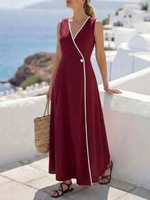 Breezaya Women's Sleeveless Contrast Trim Minimalist Design Long Dress, Summer - Burgundy - View 1