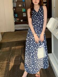 K-Vae 1 chiếc đầm không tay bằng vải chiffon họa tiết hoa nhí dành cho nữ, kiểu dáng thanh lịch ôm sát. - Màu xanh lam - Xem 4