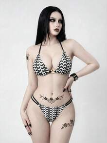 ROMWE Goth Women's Spring/Summer New Black & White Geometric V-Neck Halter Backless Triangle Top & Bottoms Bikini Swimwear 2-Piece Set - Multicolor - View 3