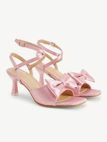 CUCCOO CHICEST Pink Satin Bow High Heel Sandals Strap Strap Square Heel Temperament Banquet Sandals - Pink - View 9