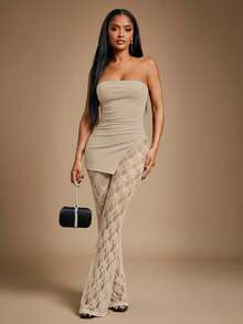 Radiana 女士性感优雅黑色蕾丝两件套，包含加厚罗纹抹胸上衣和蕾丝喇叭裤，高弹面料贴合身形，适合约会、聚会、派对、夜店等场合。 - 杏色 - 查看 4