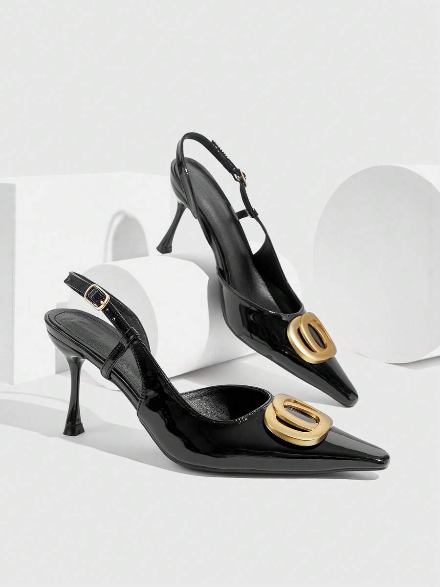 CUCCOO SZL 女士尖头漆皮黑色金属扣踝带时尚性感百搭约会之夜高跟鞋 - 黑色 - 查看 1