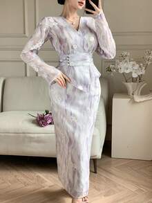 DAZY Conjunto de 2 piezas de falda recta plisada asimétrica con cuello en V floral elegante para mujer, primavera/verano - Azul - Ver 10