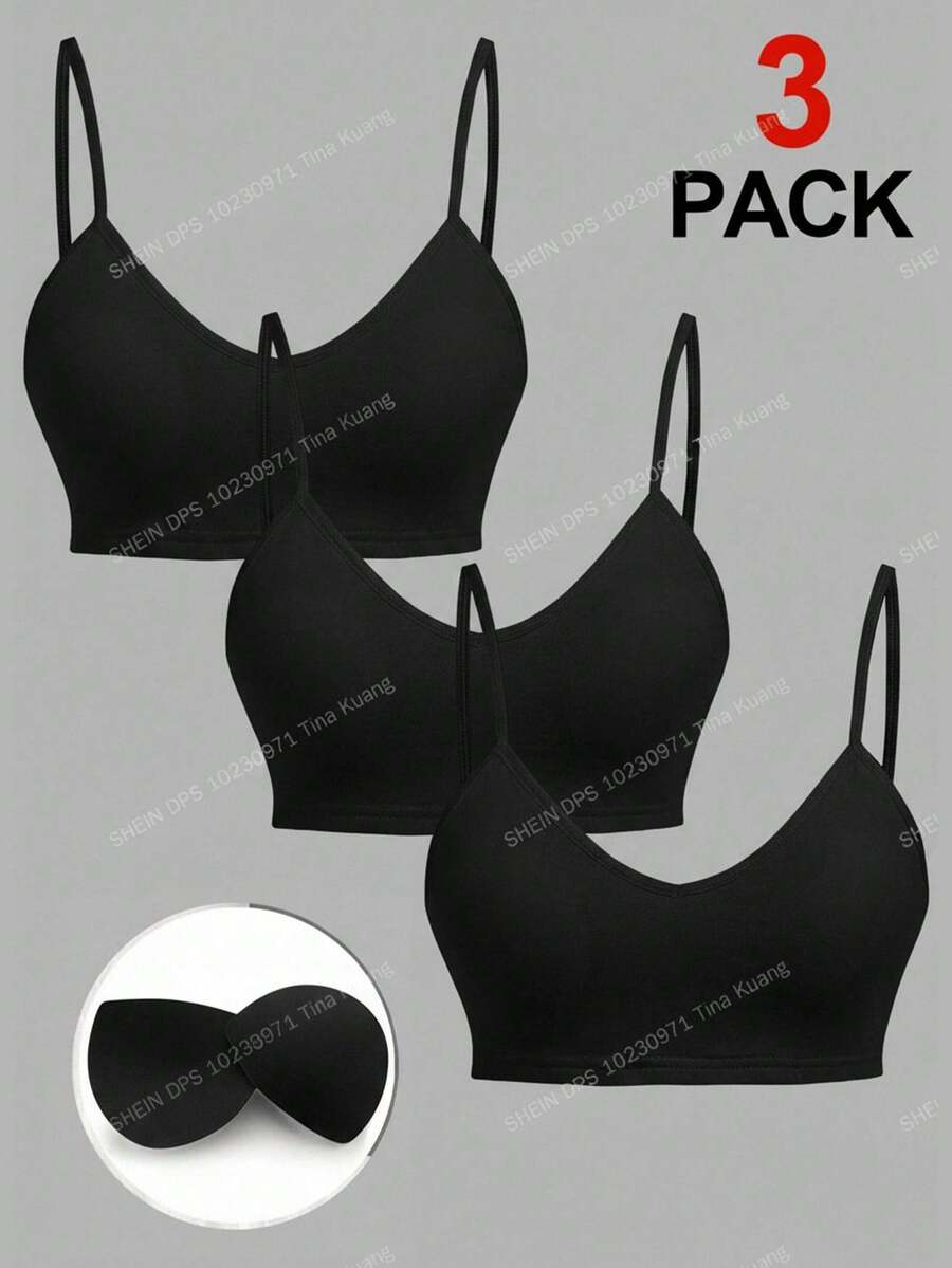 SHEIN 3pcs Tween Girls' Simple Basic V-Neck Padded & Breathable Lingerie Set Black Tween Girl - Black - View 1