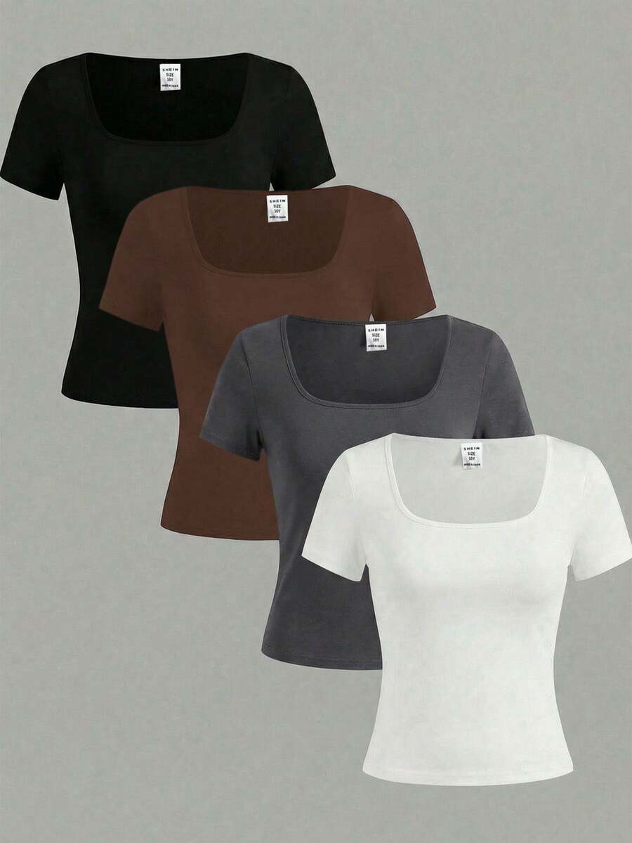 Girlism Set de 4 blusas de punto de cuello cuadrado de manga corta y ajustadas de unicolor para niñas preadolescentes, en blanco, negro, gris y marrón, versátiles camisetas interiores de verano - Multicolor - Ver 1