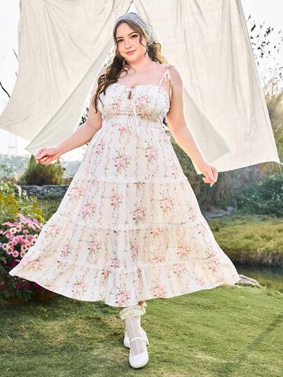 Sweetness Spring / Summer Valentine's Day Spring / Summer Plus Size Women Floral Print Tie Front Lace Trim Cami Dress, Vacation