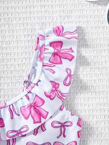 SHEIN 少女蝴蝶结印花可爱时尚泳装套装，适合海滩和泳池穿着 - 粉色 - 查看 4