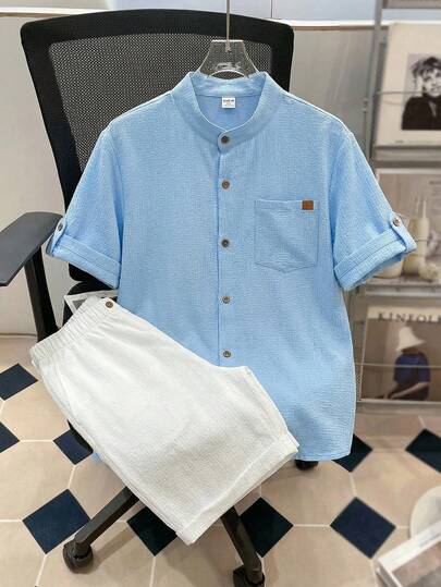 SHEIN Conjunto de camisa de manga corta y pantalones cortos con textura de rayas onduladas para adolescentes, primavera/verano