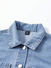 Conjunto informal de mezclilla para niños preadolescentes, nuevo conjunto de mezclilla lavada de color azul claro, minimalista y versátil para el verano - Azul - Ver 5