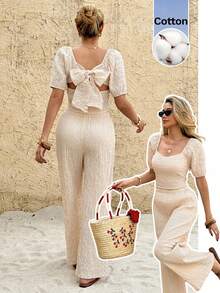 SHEIN Frenchy Bộ đồ thời trang nữ thường ngày gồm áo croptop và quần dài (2 món). - Màu be - Xem 1