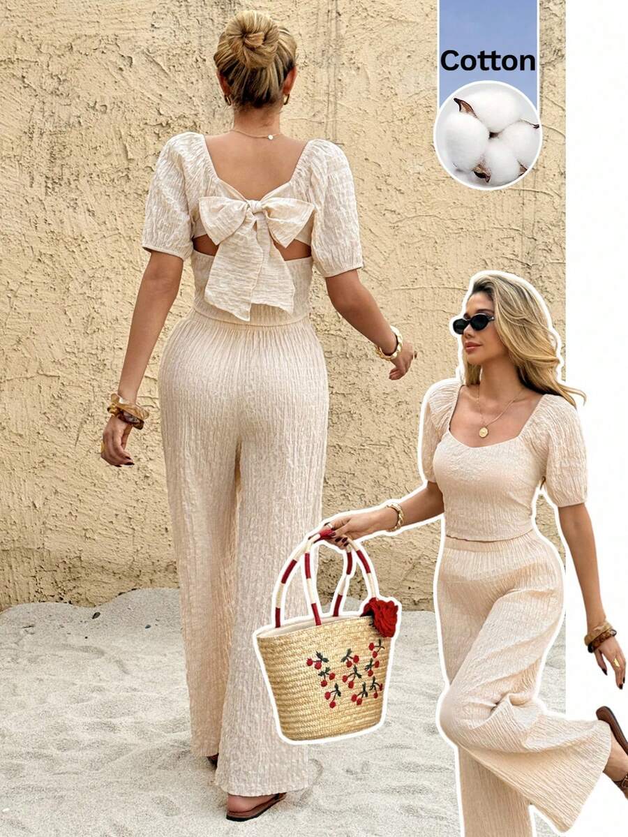 SHEIN Frenchy Bộ đồ thời trang nữ thường ngày gồm áo croptop và quần dài (2 món). - Màu be - Xem 1