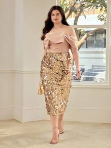 MOTF PREMIUM PLUS SIZE WOMEN'S ASYMMETRICAL NECK BOWKNOT SEQUIN MIDI DRESS, SUITABLE FOR DATES AND PARTIES, SPRING/SUMMER - Multicolor - View 5