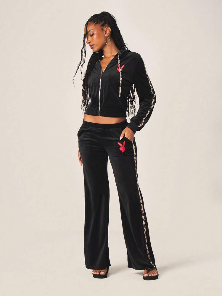 Missguided x Playboy Women's Low Rise Velour Wide Leg Joggers With Leopard Print Side Stripe And Bunny Logo Detail