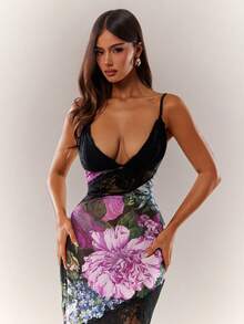 Radiana Women's Sexy Elegant Lace Contrast Mesh Spaghetti Strap Fishtail Dress, Romantic Floral Print Dress, Lace Strap Dress, Mesh Dress, Bodycon Dress, Sheer Dress, Spaghetti Strap Long Dress, Vacation Dress, Beach Dress, Date Dress - Multicolor - View 8