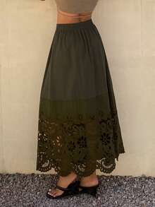 Livesso Women's Elastic Waist Lace Patchwork Vacation & Date Night Skirt - Brown - View 6