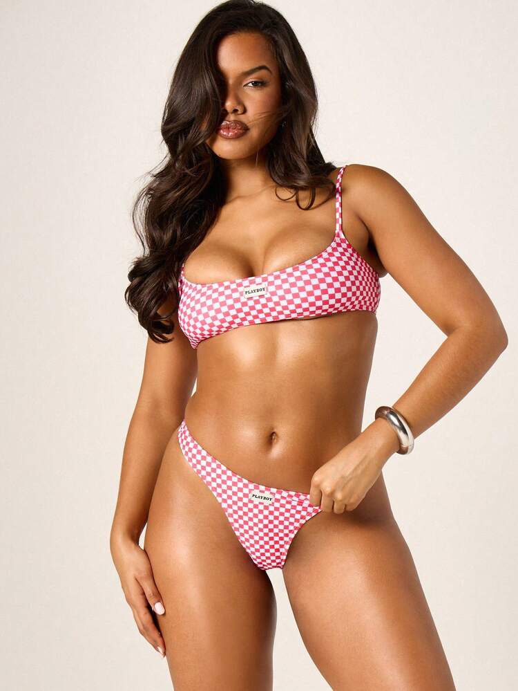 Missguided x Playboy Pink And White Checkerboard Two-Piece Bikini Set For Beach Summer Vacation