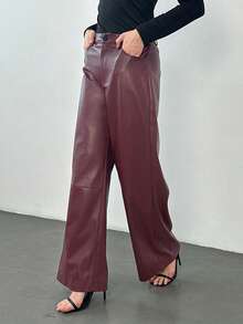 SHEIN Tall 女士酒红色皮质长裤，简约前开襟纽扣设计，日常休闲百搭，女士下装 - 酒紅色 - 查看 3