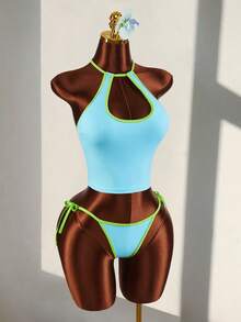 Amplova Bộ đồ bơi 2 món gợi cảm, khoét rỗng, phối màu tương phản, gồm áo crop top và quần bikini mini, thích hợp cho kỳ nghỉ biển. - Nhiều màu - Xem 5
