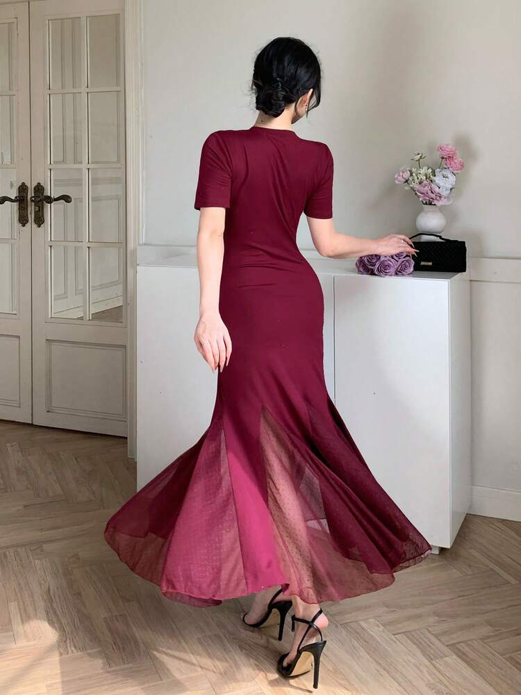 Casual Elegant Mesh Patchwork Floral Midi Dress, Suitable For Spring And Summer, Festive Outfit
