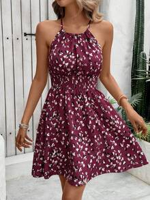SHEIN Holidaya Boho Style Women's Shirred Halter Cami Mini Dress In Purple Flared Design - Purple - View 5