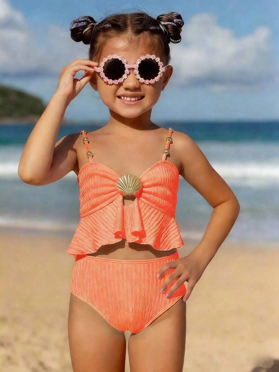 SHEIN 2件套可爱纯色女童泳衣，适合海滩、度假 - 橘色 - 查看 1