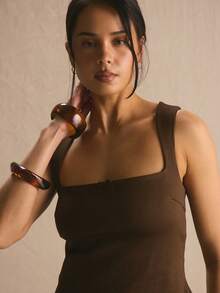 MUSERA Square Neck Bow Thick Strap Co-Ord Crop Top Only Spring Summer Cosy Cute Daily Girly Vacation Sunlight Social - Chocolate Brown - View 2