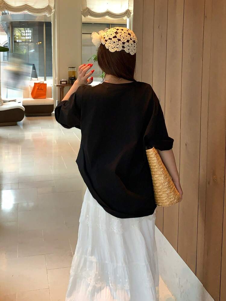 Women's Round Neck Embellished Korean Style Casual Summer Versatile Beaded T-Shirt