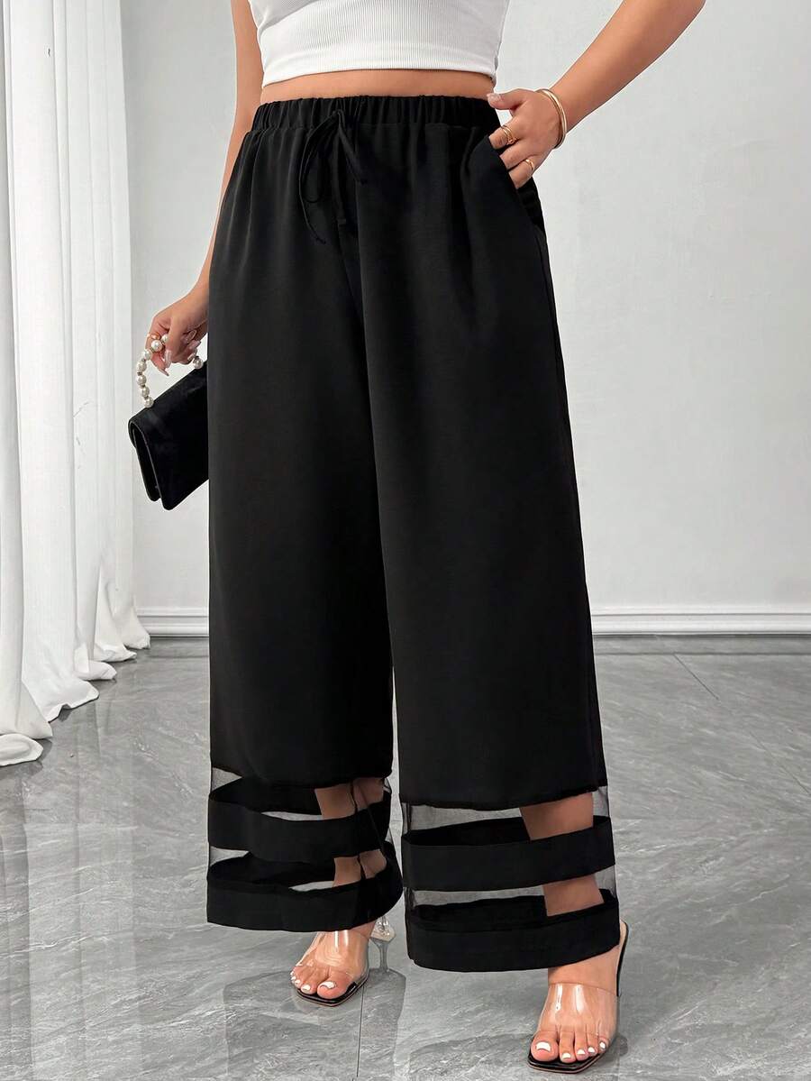 SHEIN Elenzya 大码弹力腰带网眼拼接夏季休闲裤 - 黑色 - 查看 1