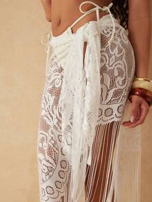 Silquee 女士纯色蕾丝流苏时尚薄纱半身裙，夏季 - 白色 - 查看 12