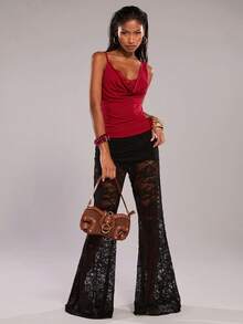 SHEIN BAE 樱桃红性感蕾丝拼接吊带背心/细肩带吊带衫/休闲上衣/音乐节上衣/派对上衣/外出上衣/约会上衣/夏季上衣 - 紅色 - 查看 3