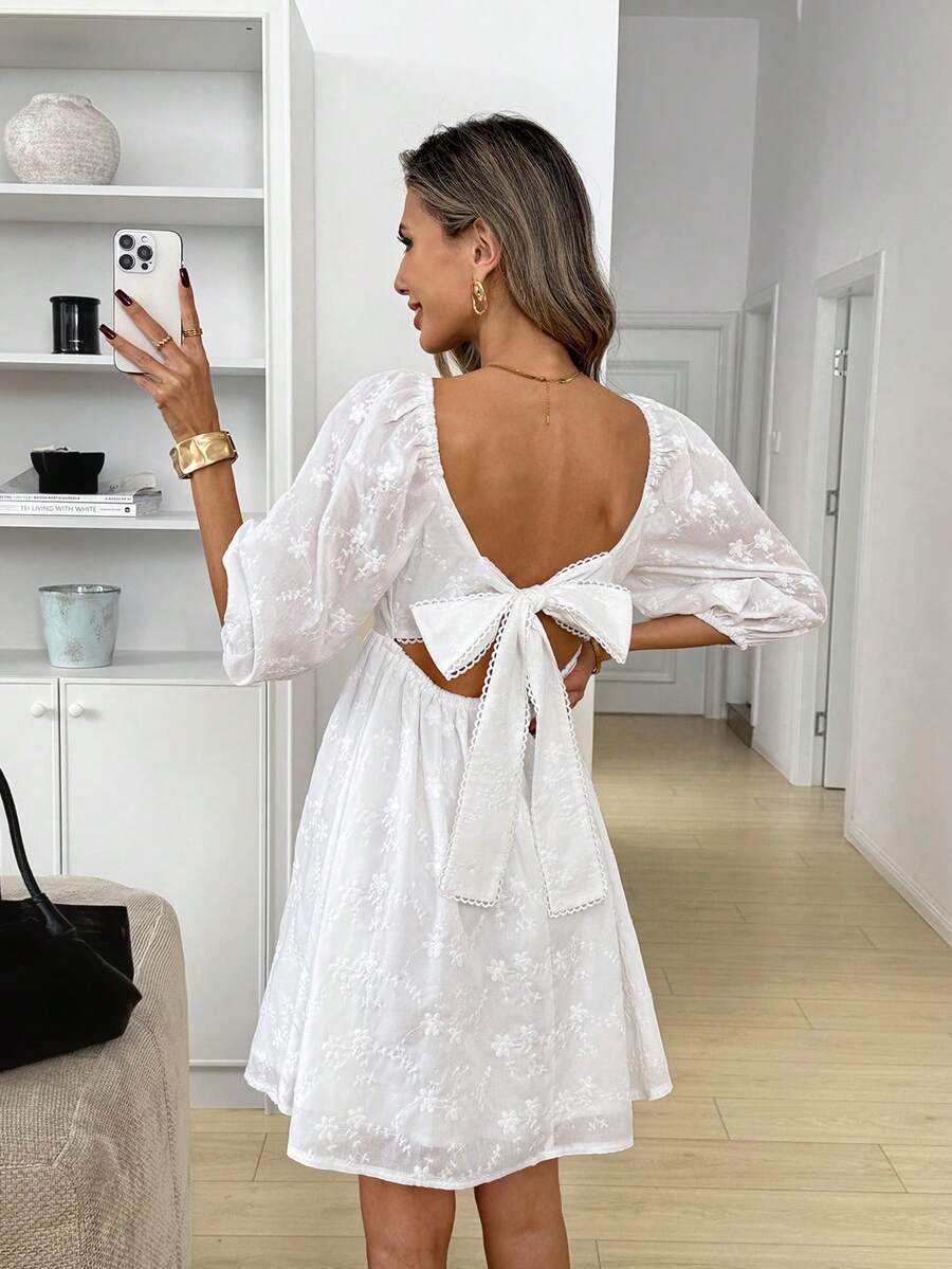 Easowa Women's Floral Embroidery Pattern Twist Back Design Ruched Fashionable Chic Date Party Mini Dress - White - View 1