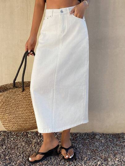 DAZY Women's Casual Solid White Straight Denim Skirt, Spring/Summer