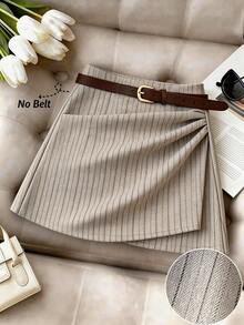 EMERY ROSE Falda de mujer de rayas de espiga con diseño fruncido asimétrico, elegante, para vacaciones, casual, de oficina, de moda, de cita, estilo francés retro y versátil, en color caqui, para primavera/verano - Caqui - Ver 1