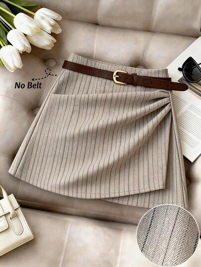 GlowEve Chân váy nữ kẻ sọc xương cá, thiết kế bất đối xứng, xếp ly, thanh lịch, thích hợp cho kỳ nghỉ, đi làm, hẹn hò, phong cách Pháp cổ điển, màu kaki, đa năng, mẫu mới, Xuân/Hè.