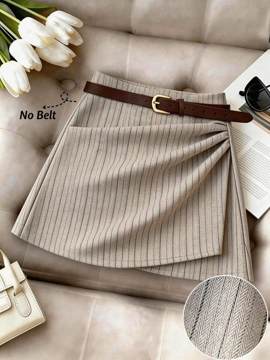 EMERY ROSE Falda de mujer de rayas de espiga con diseño fruncido asimétrico, elegante, para vacaciones, casual, de oficina, de moda, de cita, estilo francés retro y versátil, en color caqui, para primavera/verano - Caqui - Ver 1