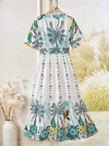 Rusticease Women's White Floral Summer Tropical Holiday Vacation Boho Sexy All-Over Print Waist Tie Dress Casual Beach Golf Festival Outfits Green - Multicolor - View 3