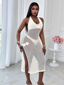 Xyvia 女士镂空3D花卉开衩吊带裙 - 米色 - 查看 3